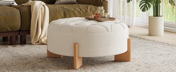 English Elm 32" Round Chenille Ottoman Tufted Footrest with Rubberwood Legs for Living Room Beige N723P405298A