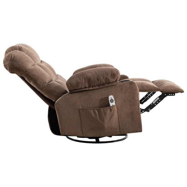 English Elm Oversized Swivel Recliner with Massage Heating Linen Upholstery and Usb Port Brown W1521P411662