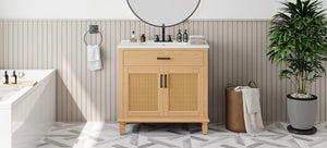 English Elm Christopher Knight Home® - 36" Rattan Bathroom Vanity with Ceramic Sink and Soft-Close Drawers, Handwoven Door Texture, Solid Wood Legs, Spacious Storage Elegance Natural N817P271077N