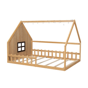 English Elm Full House Bed Frame with Window & Fence Playhouse Design, Sturdy Pine/MDF, Safe 400lb Capacity Natural N709P215545N