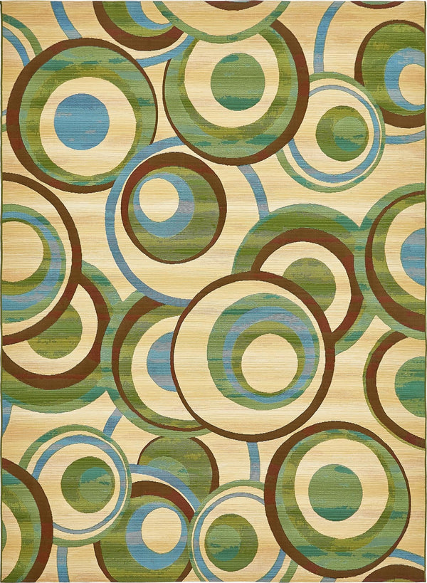 Unique Loom Outdoor Modern Babbling Machine Made Geometric Rug Beige, Blue/Brown/Green 8' 0" x 11' 4"