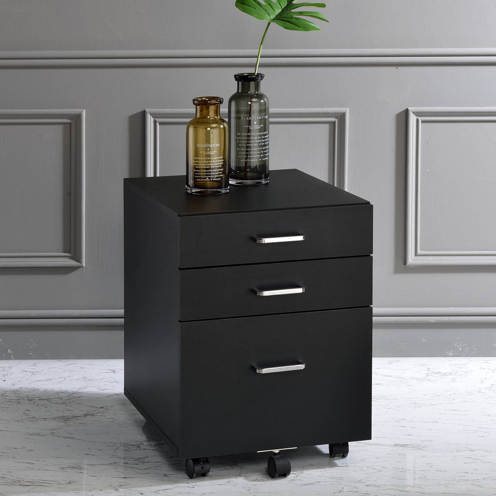 English Elm Black Black and Chrome 3-Drawer Rectangular File Cabinet with Casters, Modern Office Storage Solution B062P184517