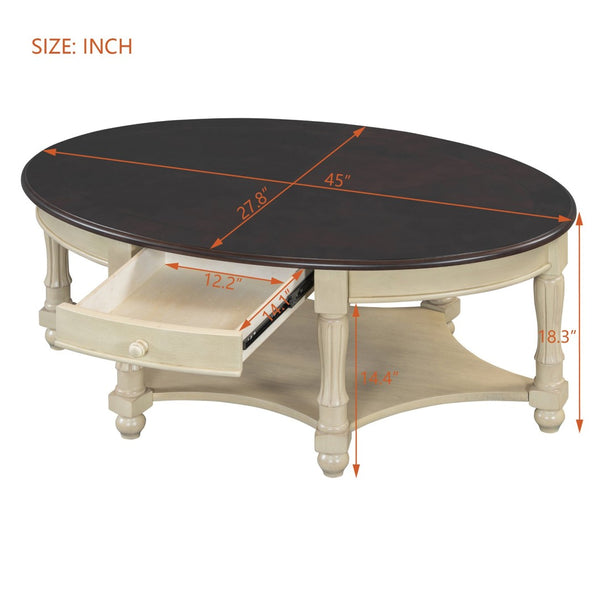 English Elm Vintage Oval Coffee Table With Drawer & Storage Shelf - French Country Charm For Living Rooms N735P277388K-GIGA