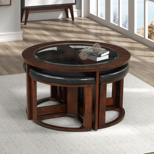 English Elm Cylina Solid Wood Glass Top Round Table Set, Coffee Table With 4 Stools