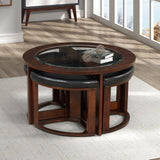 Round Table Set with 4 Stools, Solid Wood, Glass Top, Espresso Finish