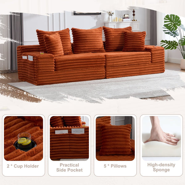 English Elm Oversized Corduroy Cloud Couch Convertible Sleeper Sofa with Memory Foam Seating Orange W395S00122