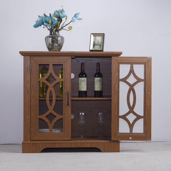 English Elm Elegant Mirrored Sideboard with Butterfly Carved Doors Wood Grain Finish Dining Storage Dark Oak W2899P372743