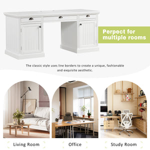 English Elm 67" White Executive Desk with Cabinet Storage Drawers and Usb Ports for Home Office N751S415500K