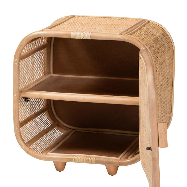English Elm Bohemian Rattan Woven Mahogany Nightstand with Shelved Storage for Eclectic Bedrooms B2750P420406