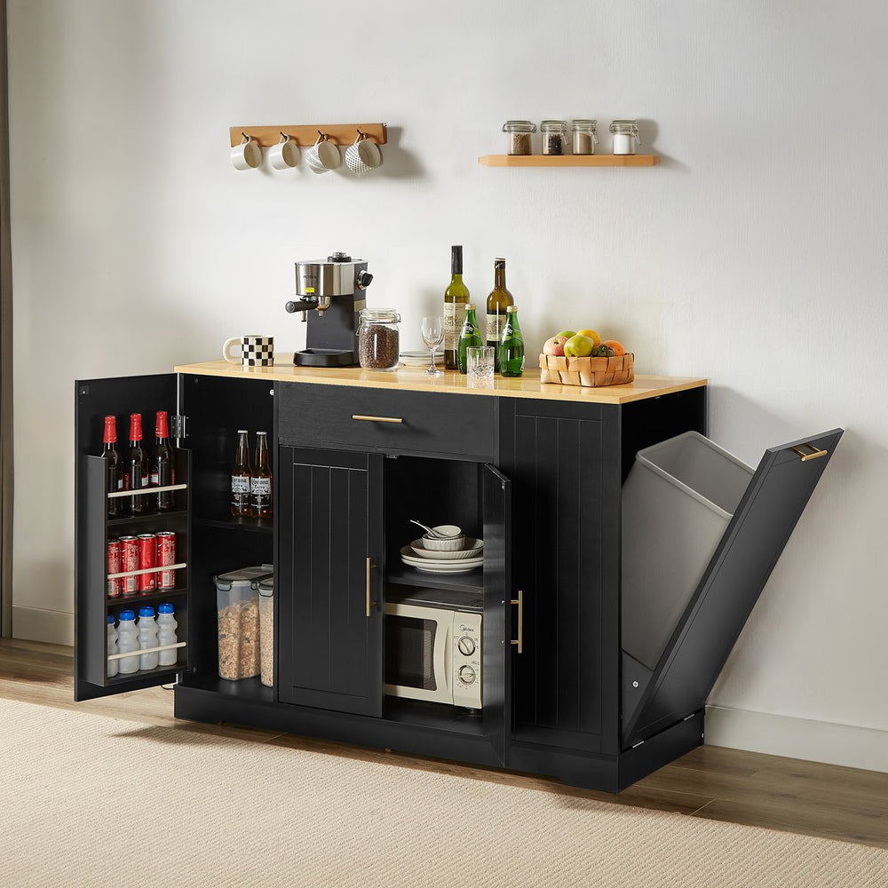 English Elm 53 Inch Kitchen Island With Hidden Trash Can, Adjustable Shelves & Drawer - Stylish Black & Oak Design W1820P199484