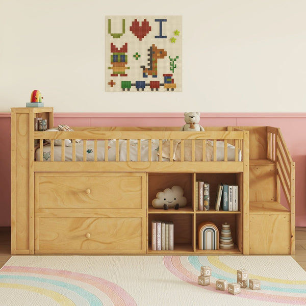 English Elm Twin Loft Bed with Built-In Stairs, Shelves, Hanging Rod & 2 Drawers for Space-Saving Kids Room Natural 45.87 L x 18.5 W x 10.83 H W2593S00005