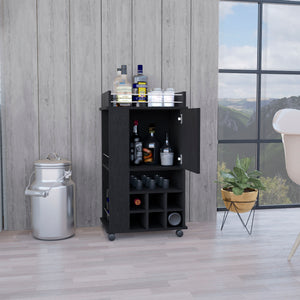 English Elm Fargo Bar Cart with Cabinet, 6 Wine Slots, Open Shelf & Casters in Black — Stylish Home Bar Station B200P188867