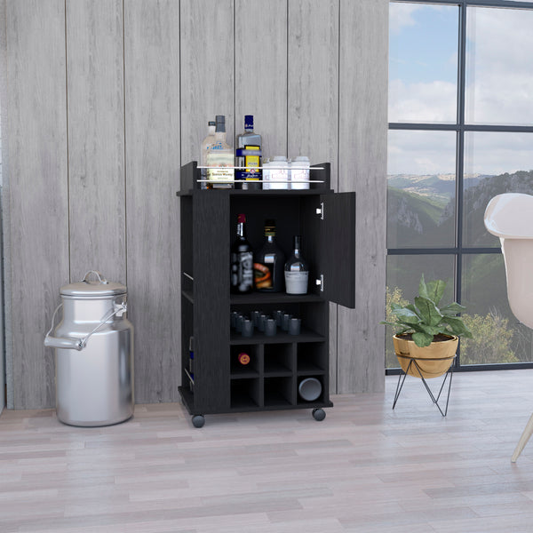 English Elm Fargo Bar Cart with Cabinet, 6 Wine Slots, Open Shelf & Casters in Black — Stylish Home Bar Station B200P188867