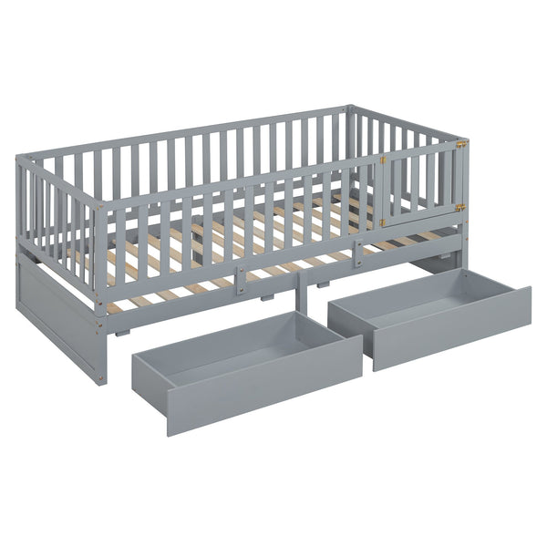 English Elm Twin Pinewood Daybed with Fence Guardrails Two Storage Drawers and Split Floor Bed Gray LP200881AAE