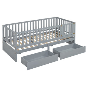 English Elm Twin Pinewood Daybed with Fence Guardrails Splits Into Two Floor Beds Storage Gray LP100881AAE
