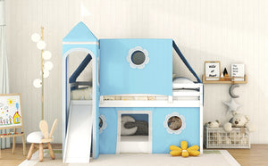 English Elm Twin Castle Loft Bed with Slide Tent Tower and Play Space for Kids Rooms Blue N708P249511C