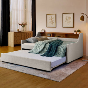 English Elm Twin Size Upholstered Sofa Bed With Led Lights, Storage, Adjustable Headboard & Wireless Charging W1413S00058-GIGA