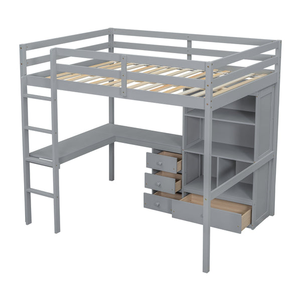 English Elm Full Size Loft Bed With Desk, Storage Solutions, Built-In Ladder & Guardrails For Safe Use In Grey W504S00160