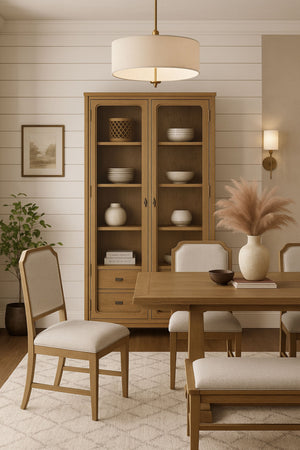 English Elm Tall Display Cabinet with Glass Doors and Drawers, Cashew Hickory Veneer for Elegant Storage & Décor Light Tan 43.5 L x 20 W x 85 H B2699P383821