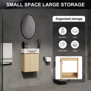 English Elm 16" Bathroom Vanity Sink Combo for Small Spaces — Compact Engineered Wood Cabinet with Ceramic Basin, Moisture-Resistant Finish and Hidden Handle, Easy Assembly Oak W1972P190339