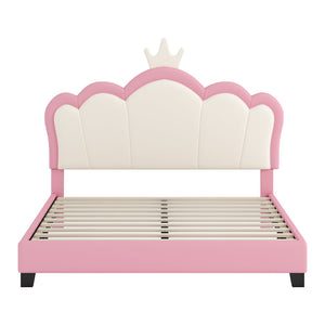 English Elm Full Upholstered Princess Bed with Crown Headboard — Sturdy Full Platform Bed for Girls, 500lb Capacity Pink 58.86 L x 25.98 W x 6.5 H N733P180808H