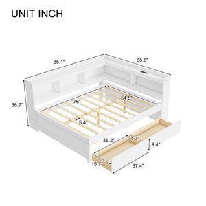 English Elm Full Platform Bed with L-shaped Bookcase Built-in Power Outlets and Storage Drawers White W504S00340