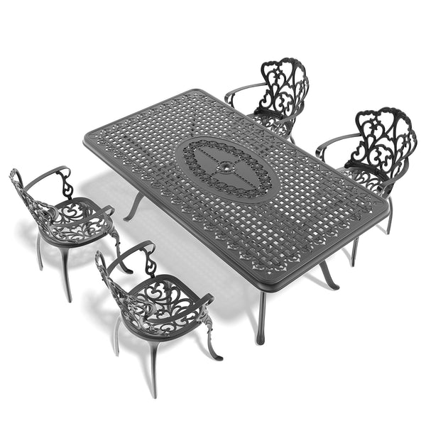 English Elm 5-Piece Cast Aluminum Patio Furniture Set With Ergonomic Chairs & Off-White Cushions For Comfort W1710S00101