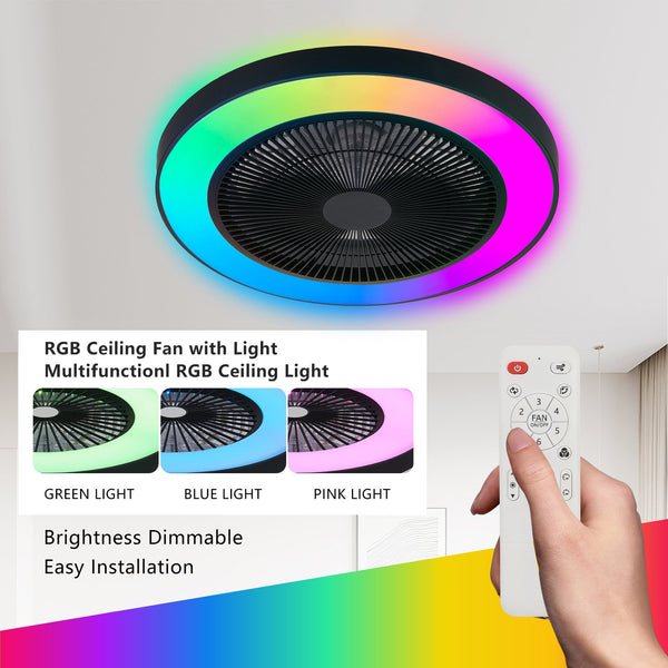 English Elm 19-inch Black Ceiling Fan Light with RGB LED, Dimmable Smart APP & Remote, Silent DC Motor, 6-Speed Reversible W2312P368712