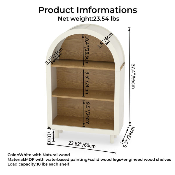 English Elm Arched Three Tier Bookshelf White Frame Woodgrain Shelves Modern Storage for Any Room W2557P428368