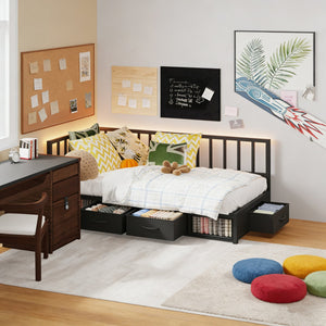 English Elm Corner Twin Daybed Metal Platform Frame with Led Lighting and Storage for Small Spaces W311P433476