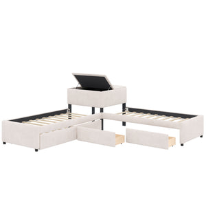 English Elm L-shaped Twin Platform Bed Set with Trundle Drawers and Center Table in Beige Linen GX000531AAA
