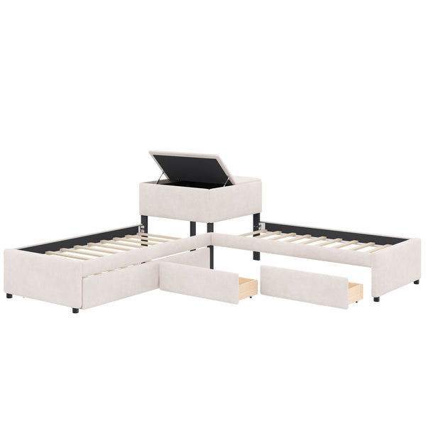 English Elm L-shaped Twin Platform Bed Set with Trundle Drawers and Center Table in Beige Linen GX000531AAA