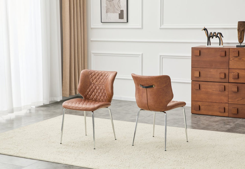 English Elm Dark Oil Waxed Faux Leather Dining Chair Set with Diamond Tufted High Back Metal Legs Brown W3493P444865
