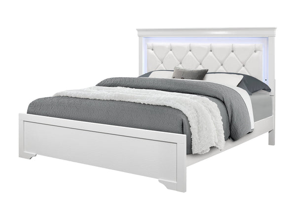 English Elm SHAKER Crystal-Tufted King Bed with LED Lighting, Padded Panel Headboard, Solid Wood/MDF Elegance White 84.25 L x 35.43 W x 7.68 H B201S00323