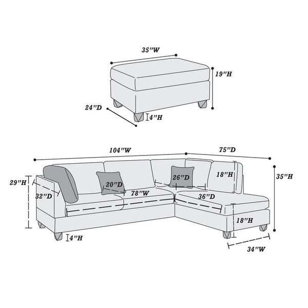 English Elm Reversible Polyfiber Sectional with Cocktail Ottoman Pillow Back Linen Look Sofa Set B016S00003