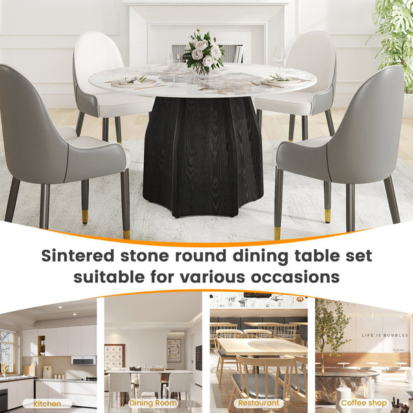 English Elm 53" Round Marble Dining Table - Elegant Sintered Stone Top & Solid Oak Base For 6 People Comfort W1535S00457