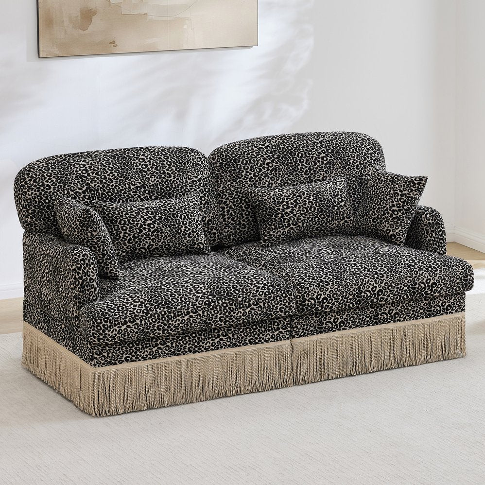 English Elm Comfy Chenille Leopard Print Loveseat with Tassel Trim Modular Sectional for Living Room Khaki W5656S00019