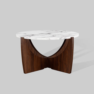 28" Round Coffee Table with Open Crossed Arch Base Calacatta Marble, Dark Walnut LNAL1K2CMDW Walker Edison