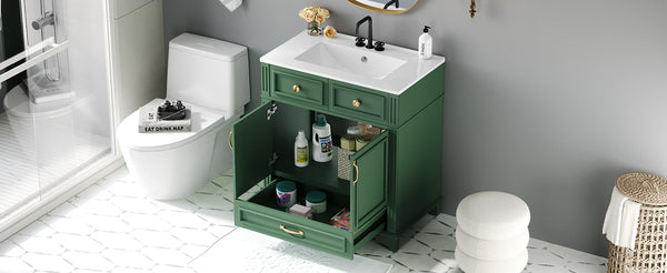 English Elm 30'' Bathroom Vanity with Sink - Retro Solid Wood Frame, Ceramic Basin, Soft-Close Doors & Ample Storage Green N710P190656F