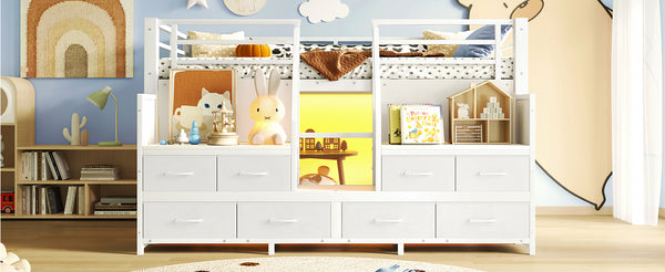 English Elm Twin Low Loft Bed with Shelves Fabric Drawers and Under Bed Study Nook Metal Frame Light White W5305S00042