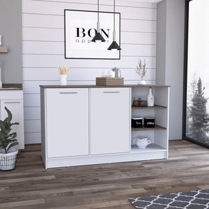 English Elm Kitchen Island With Two Cabinets & Three Open Shelves - Stylish White & Dark Brown Storage Solution B097S00130