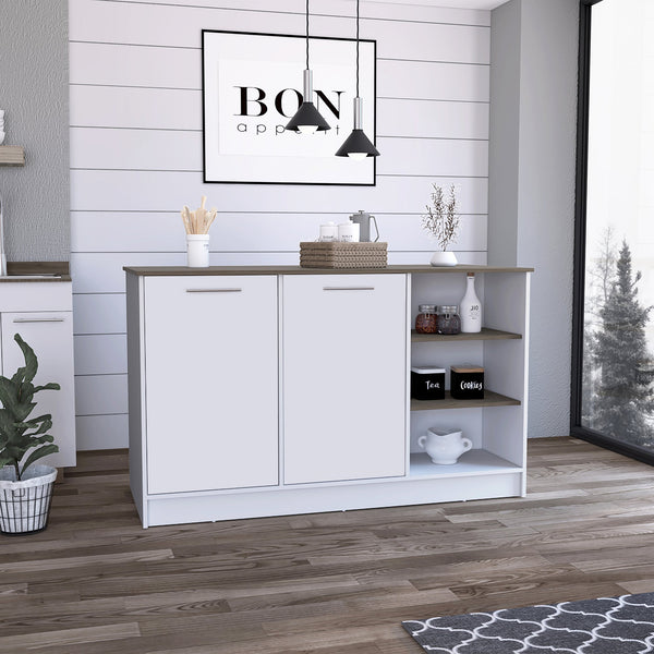 English Elm Kitchen Island With Two Cabinets & Three Open Shelves - Stylish White & Dark Brown Storage Solution B097S00130
