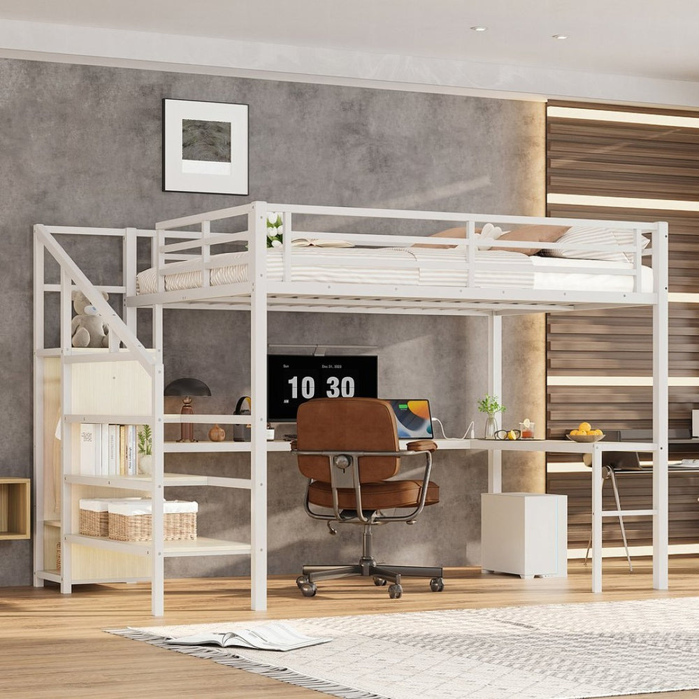 English Elm Queen Size Loft Bed With L-Shaped Desk, Usb Charging & Led Lights - Stylish Storage For All Spaces W1580S00181-GIGA