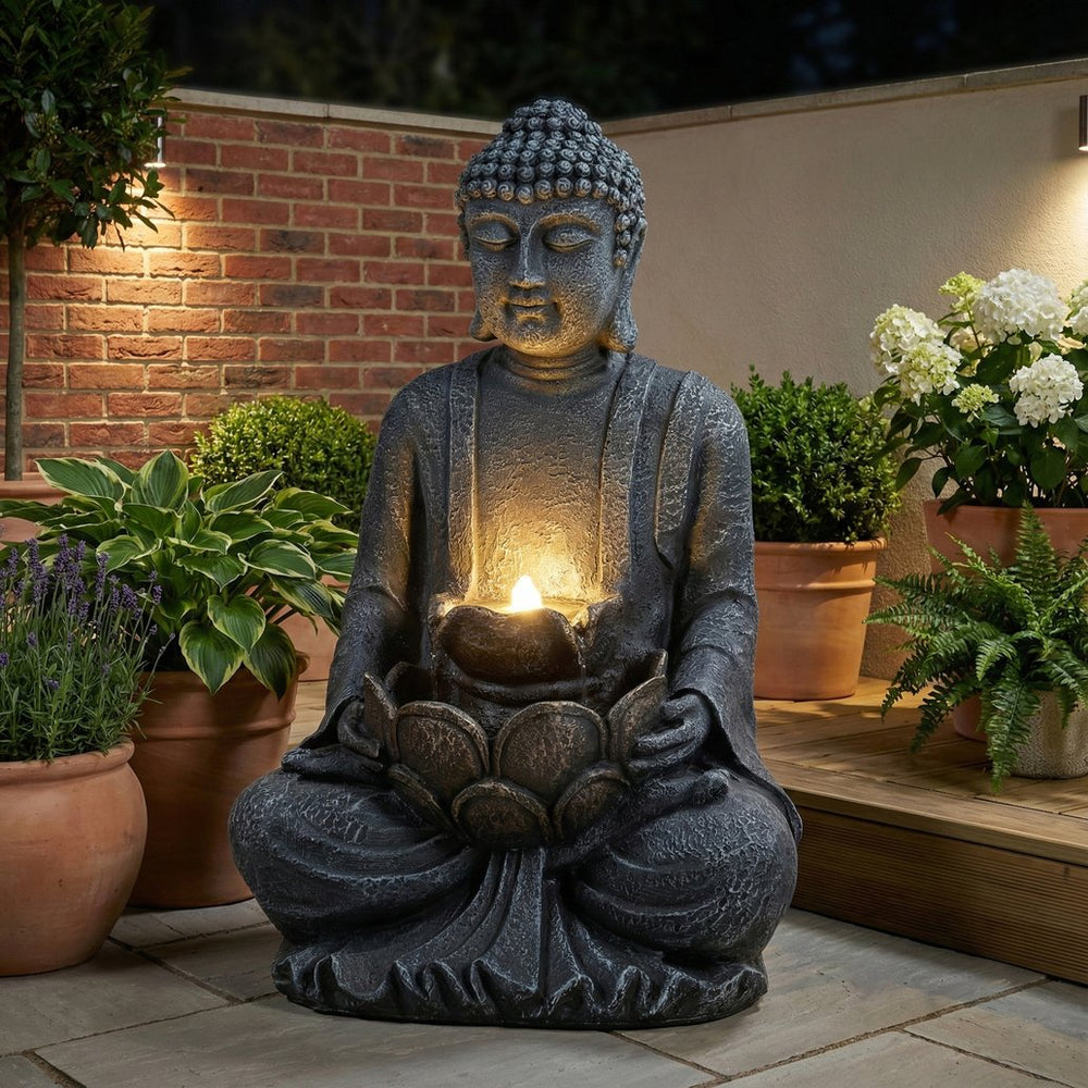 English Elm Zen-style Buddha Fountain Two Tier Lotus Polyresin Led Garden Patio Decor W853P412663