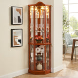 English Elm Glass Cabinet Lighted Corner Cabinet Corner Display Curio Cabinet, Glass Display With Light(Included)Bar Cabinet,Wine Cabinet With Adjustable Glass Shelves Carved Decoration Oak Light(Included)