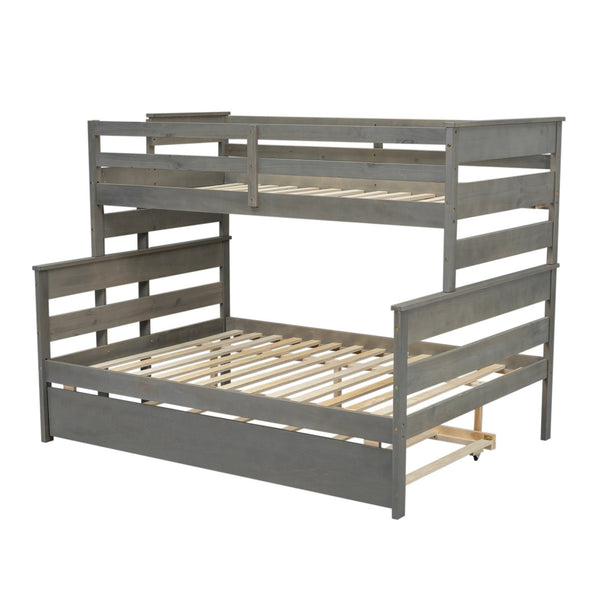 English Elm Wood Twin over Full Bunk Bed with Twin Trundle – Space-Saving Pine/MDF Triple Bed, Sturdy & Safe Design Grey GX000448AAE-1