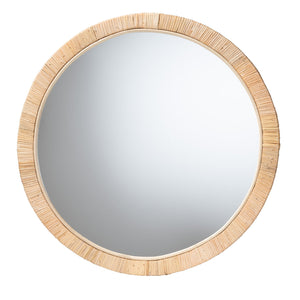 English Elm Modern Rattan Woven Round Wall Mirror Mahogany Frame Bohemian Organic Decor B2750P467646