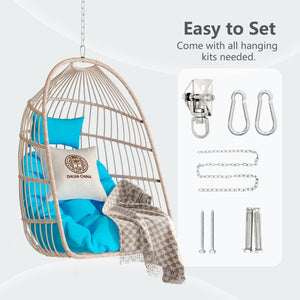 English Elm Outdoor Blue Rattan Egg Swing Chair - Weather-Resistant, Comfortable, Foldable & Easy To Install W2500P364241