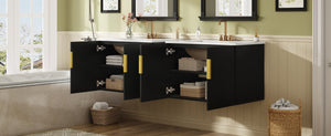 English Elm 60" Vintage Bathroom Vanity with Ceramic Sink Wall-Mount Modern Striped Design Durable MDF Wood Finish Black N710SS00010B