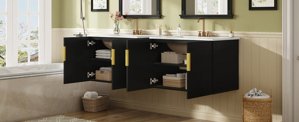English Elm 60" Vintage Bathroom Vanity with Ceramic Sink Wall-Mount Modern Striped Design Durable MDF Wood Finish Black N710SS00010B